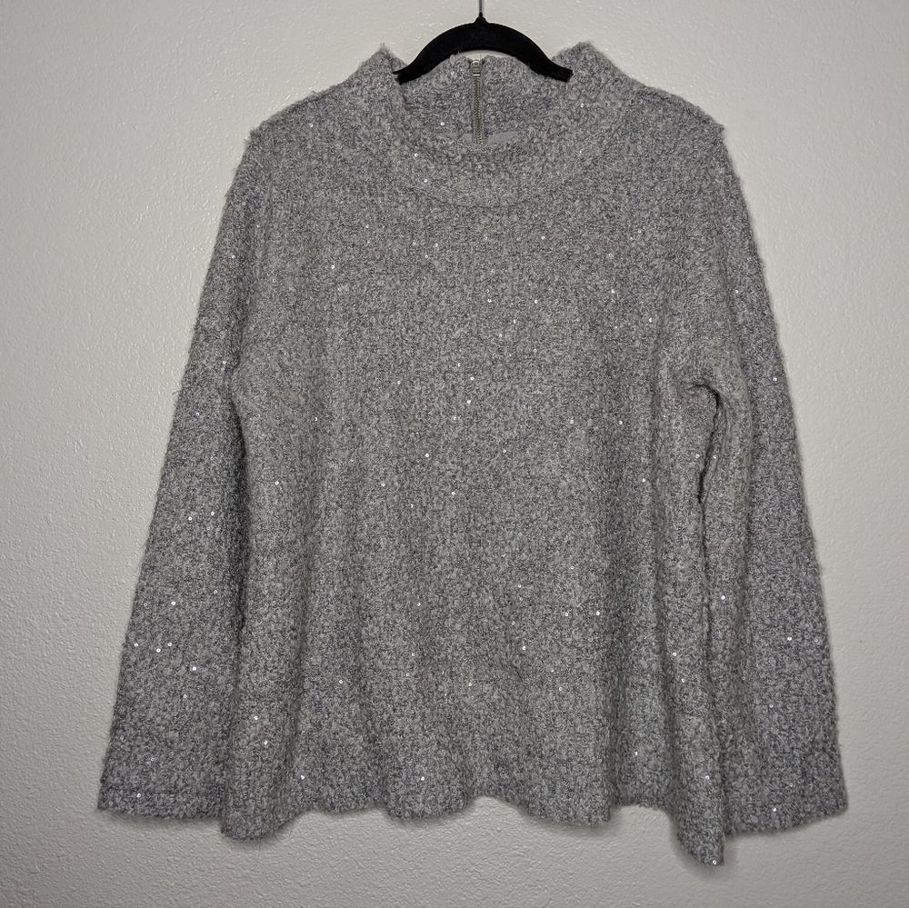 Soft Surroundings Womens Gray Soft Plush Sequin Fleece Mock Neck Sweater L